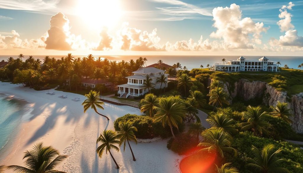 Scenic Cayman Islands accommodation options: a serene beachfront resort with white-sand beaches, swaying palm trees, and turquoise waters in the foreground; mid-range villas with tropical landscaping in the middle ground; and luxurious clifftop hotels with panoramic ocean views in the background. Warm, golden sunlight filters through wispy clouds, casting a dreamlike glow. Vibrant colors, sharp details, and a sense of tranquility and exclusivity capture the essence of the Cayman Islands' diverse lodging choices. Scenic Cayman Islands accommodation options: a serene beachfront resort with white-sand beaches, swaying palm trees, and turquoise waters in the foreground; mid-range villas with tropical landscaping in the middle ground; and luxurious clifftop hotels with panoramic ocean views in the background. Warm, golden sunlight filters through wispy clouds, casting a dreamlike glow. Vibrant colors, sharp details, and a sense of tranquility and exclusivity capture the essence of the Cayman Islands' diverse lodging choices.
