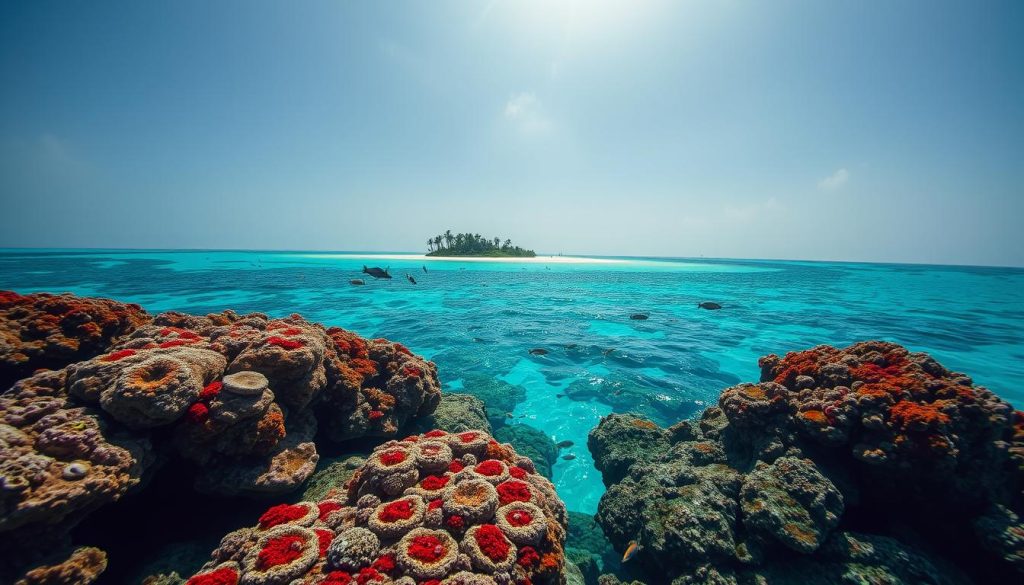 Stunning azure waters of the Belize Barrier Reef, the second-largest coral reef system in the world, stretching along the coast of Belize. Vibrant coral formations teeming with diverse marine life in the foreground, schools of tropical fish darting through the shimmering sunlit depths. In the middle ground, a pristine, uninhabited island with lush palm trees and white sandy beaches. The distant horizon fades into a hazy, atmospheric sky, creating a serene and tranquil atmosphere. Captured with a wide-angle lens to accentuate the vast scale and grandeur of this natural wonder.