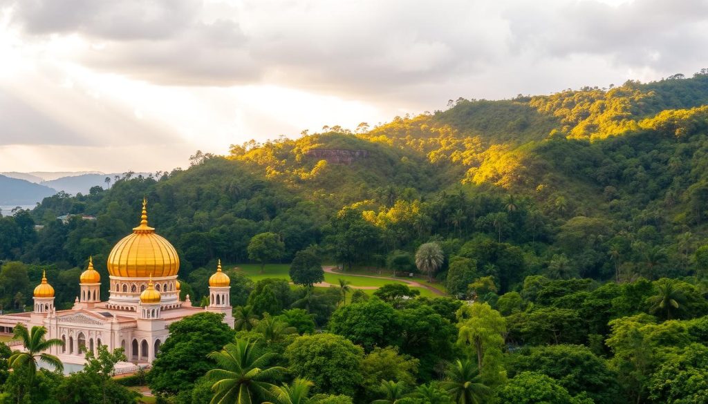 Stunning natural landscapes of Brunei, showcasing its diverse tourism appeal. In the foreground, the iconic Jame' Asr Hassanil Bolkiah Mosque, a masterpiece of Islamic architecture with its grand golden domes and intricate carvings. In the middle ground, the lush, verdant Tasek Lama Recreational Park, a tranquil oasis surrounded by towering trees. In the background, the majestic Temburong National Park, a pristine rainforest teeming with rare flora and fauna, bathed in warm, golden light streaming through the canopy. The scene evokes a sense of serene beauty, cultural richness, and a harmonious blend of nature and human-made wonders, capturing the essence of Brunei's tourism appeal.