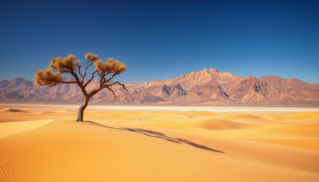 Vast, undulating dunes of golden sand stretch across the arid expanse of Chad's Ennedi Plateau, their peaks casting long shadows under the scorching Saharan sun. In the distance, the jagged silhouettes of the Tibesti Mountains rise, their rugged, weathered slopes a tapestry of ochre, sienna, and charcoal hues. A lone acacia tree stands sentry, its gnarled branches reaching towards the cloudless azure sky. The air is thick with the scent of desert sage and the whisper of the wind, creating an atmosphere of timeless, serene isolation. A wide-angle lens captures this breathtaking landscape, conveying the raw, untamed beauty of this remote corner of the Sahara.