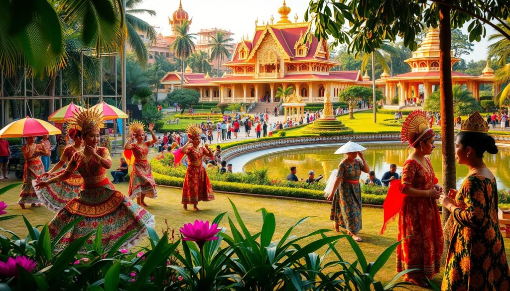 Vibrant Brunei cultural heritage festivals unfold in a lush, tropical setting. In the foreground, colorfully dressed performers gracefully execute traditional dances, their intricate costumes and headdresses shimmering under warm, golden lighting. In the middle ground, artisans showcase their masterful craftsmanship, creating intricate weavings, beadwork, and exquisite woodcarvings. The background depicts ornate, gilded palace architecture and tranquil ponds reflecting the sky, conveying a sense of timeless elegance and reverence for Brunei's rich cultural legacy.