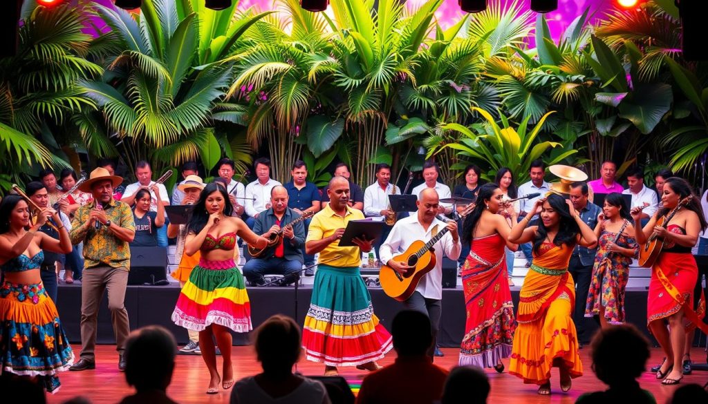 Vibrant Colombian music and dance performances unfold on a lively stage. In the foreground, colorfully dressed performers energetically move to the rhythm of traditional instruments like the bambuco, cumbia, and vallenato. The middle ground features a diverse ensemble of musicians playing brass, strings, and percussion. In the background, a backdrop of tropical foliage and a warm, saturated lighting create an immersive atmosphere. The scene radiates the joy, energy, and cultural richness of Colombia's musical heritage. Vibrant Colombian music and dance performances unfold on a lively stage. In the foreground, colorfully dressed performers energetically move to the rhythm of traditional instruments like the bambuco, cumbia, and vallenato. The middle ground features a diverse ensemble of musicians playing brass, strings, and percussion. In the background, a backdrop of tropical foliage and a warm, saturated lighting create an immersive atmosphere. The scene radiates the joy, energy, and cultural richness of Colombia's musical heritage.