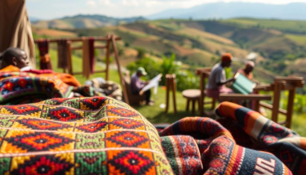 Vibrant and intricate Burundi traditional textiles, featuring a tapestry of geometric patterns and rich hues. Woven with skilled craftsmanship, the foreground showcases a colorful array of handcrafted fabrics, each with its own unique design and cultural significance. In the middle ground, local artisans work diligently at their looms, capturing the essence of this timeless textile tradition. The background reveals a serene Burundian landscape, with rolling hills and lush vegetation, setting the stage for this captivating display of Burundi's cultural heritage. Warm, natural lighting illuminates the scene, highlighting the textures and vibrancy of the textiles.