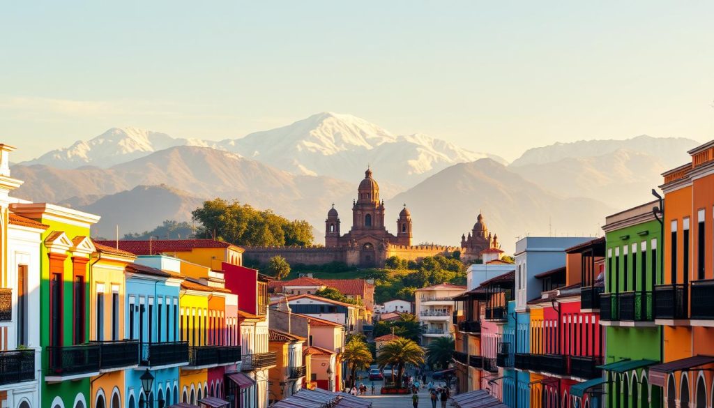 Vibrant colonial architecture, sun-drenched plazas, and iconic landmarks in Colombia. In the foreground, the colorful houses and balconies of Cartagena's Old Town, a UNESCO World Heritage site. In the middle ground, the imposing Castillo de San Marcos fortress, its towering walls casting long shadows. In the background, the dramatic Andes mountains rise up, their snow-capped peaks gleaming under a warm, golden light. The scene exudes a sense of history, culture, and natural beauty, capturing the unique character of Colombia's vibrant cities and colonial treasures. Vibrant colonial architecture, sun-drenched plazas, and iconic landmarks in Colombia. In the foreground, the colorful houses and balconies of Cartagena's Old Town, a UNESCO World Heritage site. In the middle ground, the imposing Castillo de San Marcos fortress, its towering walls casting long shadows. In the background, the dramatic Andes mountains rise up, their snow-capped peaks gleaming under a warm, golden light. The scene exudes a sense of history, culture, and natural beauty, capturing the unique character of Colombia's vibrant cities and colonial treasures.