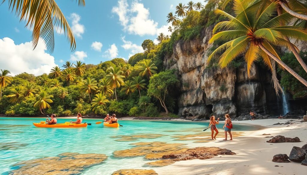 adventurous tropical exploration in Barbados, lush green rainforest with towering palm trees, a crystal clear turquoise lagoon with a white sandy beach in the foreground, adventure travelers kayaking and snorkeling among vibrant coral reefs, in the background a dramatic cliff face with a winding hiking trail leading to a hidden waterfall, warm golden sunlight filtering through the canopy, the scene conveying a sense of discovery and excitement for the natural wonders of this Caribbean island