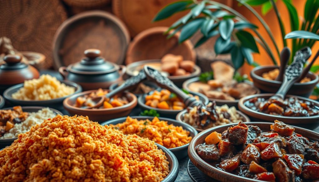 A bountiful spread of traditional Ivorian cuisine dishes, showcased in a warm, inviting setting. In the foreground, an array of vibrant, textured dishes, including the fluffy, couscous-like attieke and the rich, savory kedjenou stew, complete with tender meat and vegetables. The middle ground features handcrafted clay serving dishes and ornate wooden utensils, suggesting a rustic, artisanal aesthetic. The background is softly lit, with earthy tones and natural textures, such as woven baskets and lush, verdant leaves, creating a sense of authenticity and connection to the land. The overall mood is one of cultural celebration, where the flavors and presentation of these traditional Ivorian culinary delights are showcased in all their glory.