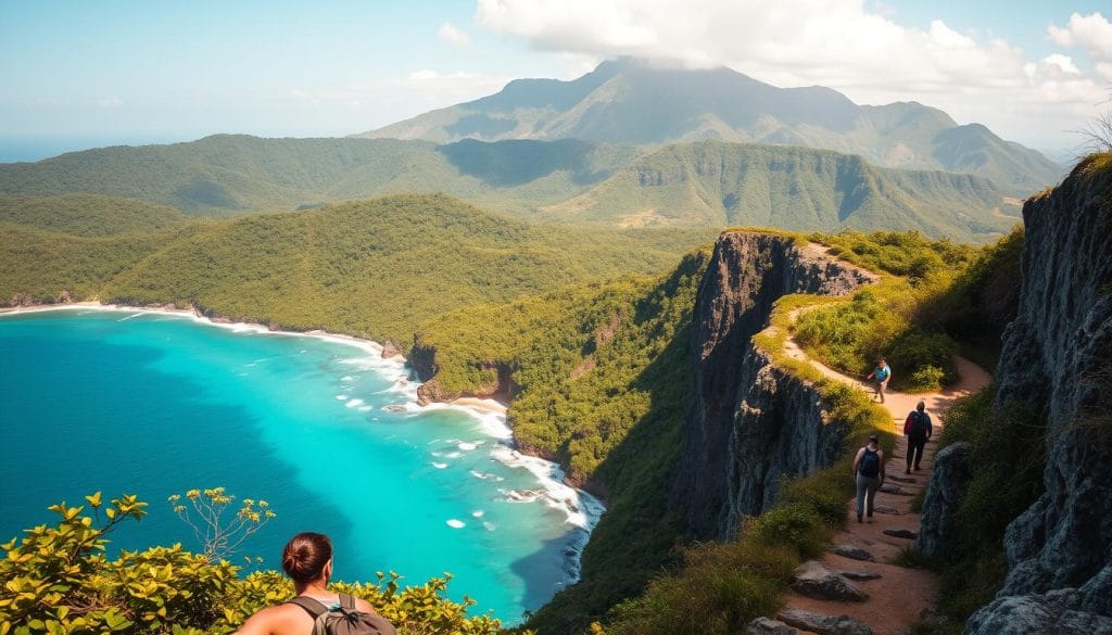A breathtaking aerial shot of the Dominican Republic's rugged coastline, where turquoise waters crash against towering cliffs. In the foreground, a group of adventurous hikers traverse a winding trail, their backpacks and hiking gear visible. The middle ground features a lush, verdant jungle canopy, with sunlight filtering through the leaves. In the distance, a majestic mountain range rises, its peaks dusted with a light mist. The lighting is warm and golden, casting a serene, adventurous atmosphere over the entire scene. The camera angle is slightly elevated, capturing the scale and grandeur of the landscape. A breathtaking aerial shot of the Dominican Republic's rugged coastline, where turquoise waters crash against towering cliffs. In the foreground, a group of adventurous hikers traverse a winding trail, their backpacks and hiking gear visible. The middle ground features a lush, verdant jungle canopy, with sunlight filtering through the leaves. In the distance, a majestic mountain range rises, its peaks dusted with a light mist. The lighting is warm and golden, casting a serene, adventurous atmosphere over the entire scene. The camera angle is slightly elevated, capturing the scale and grandeur of the landscape.