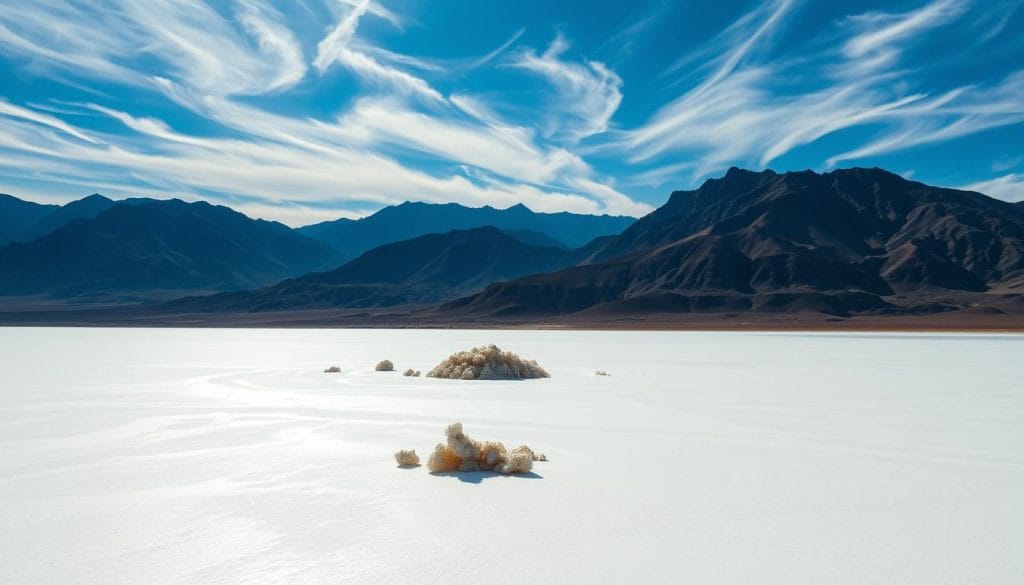 A breathtaking aerial view of Lake Assal, the lowest point on the African continent at 155 meters below sea level. The vast, shimmering salt flat stretches out in the foreground, its stark white expanse contrasted by the rugged, volcanic mountains that rise up dramatically in the background. The sky is a deep, hazy blue, with wispy clouds casting dramatic shadows across the surreal landscape. In the middle ground, salt formations and crystalline structures dot the surface, reflecting the intense sunlight. The scene exudes a sense of otherworldly, almost alien beauty, capturing the unique geological wonder of this remote and remarkable place. A breathtaking aerial view of Lake Assal, the lowest point on the African continent at 155 meters below sea level. The vast, shimmering salt flat stretches out in the foreground, its stark white expanse contrasted by the rugged, volcanic mountains that rise up dramatically in the background. The sky is a deep, hazy blue, with wispy clouds casting dramatic shadows across the surreal landscape. In the middle ground, salt formations and crystalline structures dot the surface, reflecting the intense sunlight. The scene exudes a sense of otherworldly, almost alien beauty, capturing the unique geological wonder of this remote and remarkable place.
