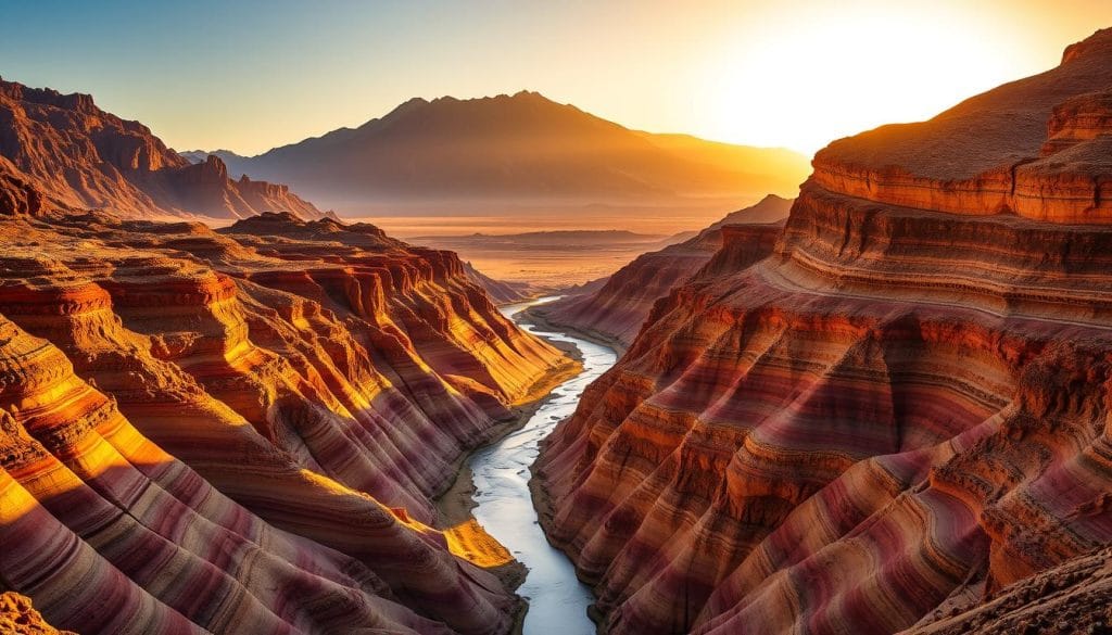 A breathtaking desert landscape in Djibouti, with dramatic volcanic mountains in the background, their jagged peaks silhouetted against a golden sky. In the foreground, a winding river flows through a colorful canyon, its walls striped with layers of vibrant geological strata. Sunlight casts long shadows across the rugged terrain, highlighting the intricate textures and patterns of the ancient rock formations. The scene exudes a sense of timeless, awe-inspiring beauty, capturing the unique geological wonders that make Djibouti a true natural wonder. A breathtaking desert landscape in Djibouti, with dramatic volcanic mountains in the background, their jagged peaks silhouetted against a golden sky. In the foreground, a winding river flows through a colorful canyon, its walls striped with layers of vibrant geological strata. Sunlight casts long shadows across the rugged terrain, highlighting the intricate textures and patterns of the ancient rock formations. The scene exudes a sense of timeless, awe-inspiring beauty, capturing the unique geological wonders that make Djibouti a true natural wonder.