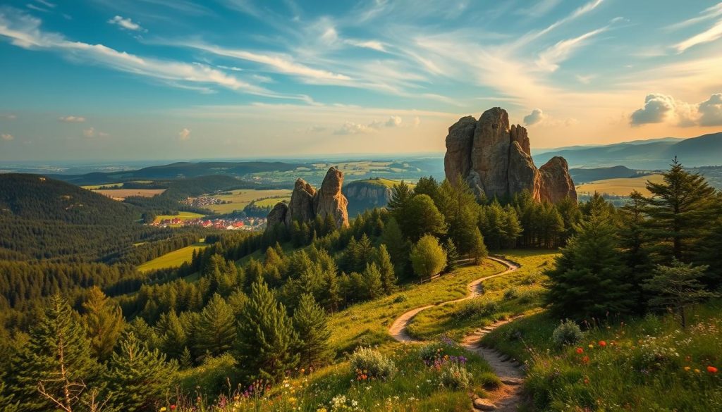 A breathtaking eco-friendly travel scene in the heart of Bohemian Switzerland. In the foreground, lush verdant forests and wildflower meadows stretch out, with winding hiking trails leading through the idyllic landscape. In the middle ground, ancient sandstone rock formations and towering cliffs rise majestically, casting dramatic shadows across the scene. The background reveals a panoramic vista of rolling hills, dotted with traditional Czech villages and farms, all bathed in warm golden sunlight filtering through wispy clouds. The overall mood is one of serene tranquility, inviting the viewer to immerse themselves in the natural wonder of this sustainable travel destination.