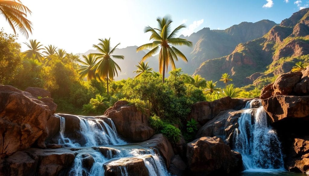 A breathtaking landscape that captures the essence of the Dominican Republic's natural wonders. In the foreground, a majestic waterfall cascades over weathered rock formations, its crystal-clear waters sparkling in the warm, golden sunlight. The middle ground features lush, verdant tropical foliage, with towering palm trees swaying gently in the soft breeze. In the background, rugged, rolling hills rise up, their slopes adorned with vibrant, diverse flora. The scene is infused with a sense of tranquility and wonder, inviting the viewer to immerse themselves in the beauty and serenity of this captivating Caribbean paradise. A breathtaking landscape that captures the essence of the Dominican Republic's natural wonders. In the foreground, a majestic waterfall cascades over weathered rock formations, its crystal-clear waters sparkling in the warm, golden sunlight. The middle ground features lush, verdant tropical foliage, with towering palm trees swaying gently in the soft breeze. In the background, rugged, rolling hills rise up, their slopes adorned with vibrant, diverse flora. The scene is infused with a sense of tranquility and wonder, inviting the viewer to immerse themselves in the beauty and serenity of this captivating Caribbean paradise.