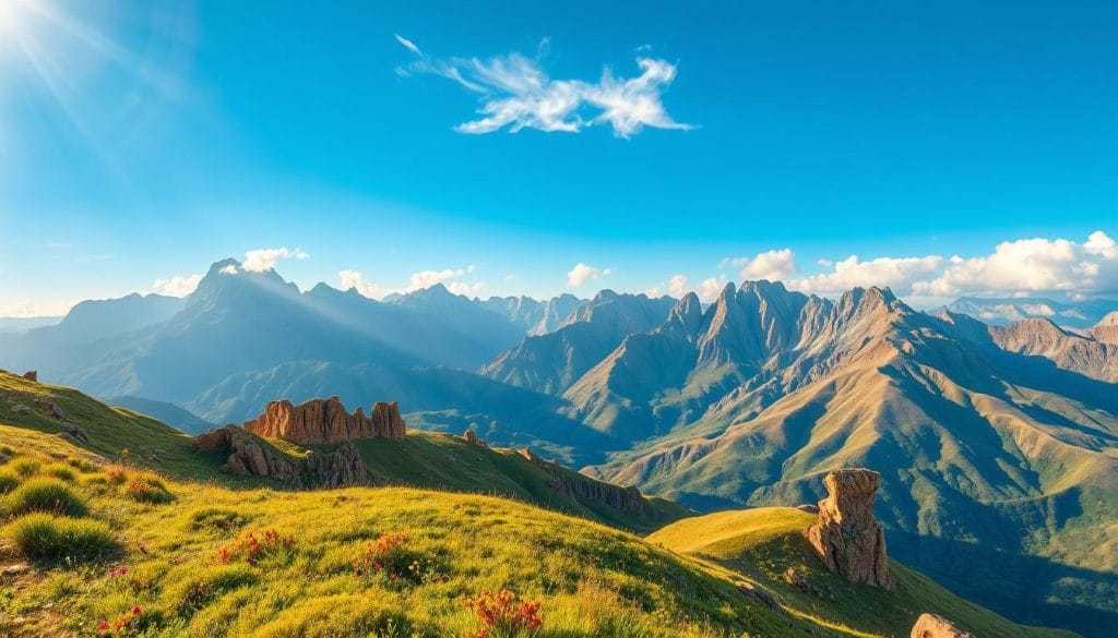 A breathtaking panoramic view of the Eritrean Highlands, where rugged mountains rise majestically against a clear azure sky. In the foreground, lush green meadows are dotted with vibrant wildflowers, while in the middle distance, weathered rock formations cast long shadows across the landscape. Towering peaks, their slopes dusted with a light layer of snow, stretch out to the horizon, creating a sense of awe-inspiring grandeur. Warm, golden sunlight filters through wispy clouds, casting a warm, ethereal glow over the entire scene. The image conveys a profound sense of tranquility and timeless beauty, perfectly capturing the natural wonders that make Eritrea's interior landscapes so captivating. A breathtaking panoramic view of the Eritrean Highlands, where rugged mountains rise majestically against a clear azure sky. In the foreground, lush green meadows are dotted with vibrant wildflowers, while in the middle distance, weathered rock formations cast long shadows across the landscape. Towering peaks, their slopes dusted with a light layer of snow, stretch out to the horizon, creating a sense of awe-inspiring grandeur. Warm, golden sunlight filters through wispy clouds, casting a warm, ethereal glow over the entire scene. The image conveys a profound sense of tranquility and timeless beauty, perfectly capturing the natural wonders that make Eritrea's interior landscapes so captivating.
