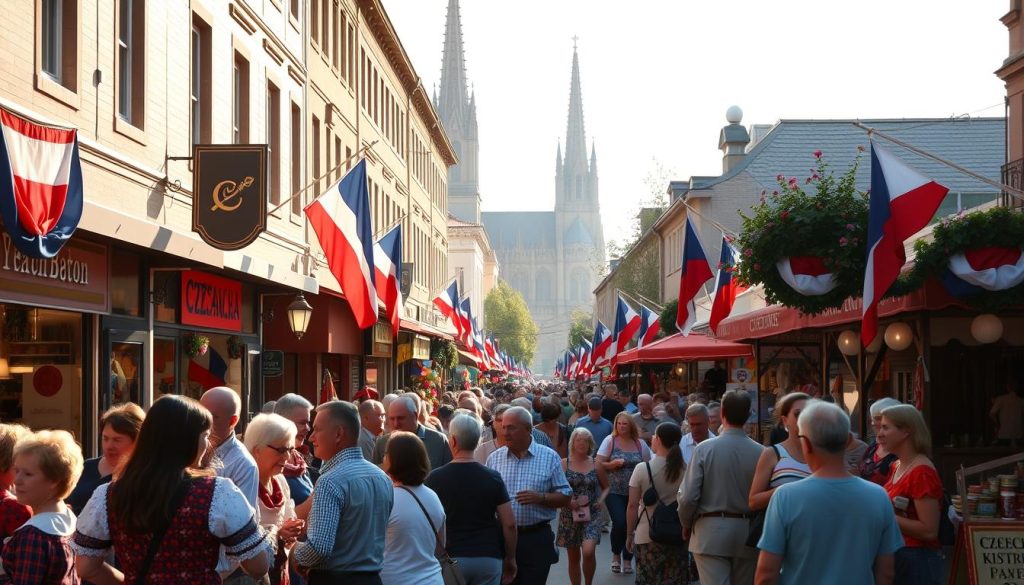 A bustling American street lined with vibrant Czech storefronts, flags, and decorations. In the foreground, a group of people gathered around a traditional Czech folk music performance, their faces lit by warm, golden sunlight. In the middle ground, families browse outdoor markets stocked with Bohemian glassware, embroidered textiles, and fragrant pastries. In the background, the iconic architecture of a Czech-inspired cathedral stands tall, its spires reaching towards a soft, hazy sky. The scene exudes a welcoming, celebratory atmosphere, capturing the rich cultural heritage of Czechoslovakia as it is embraced and honored within the United States. A bustling American street lined with vibrant Czech storefronts, flags, and decorations. In the foreground, a group of people gathered around a traditional Czech folk music performance, their faces lit by warm, golden sunlight. In the middle ground, families browse outdoor markets stocked with Bohemian glassware, embroidered textiles, and fragrant pastries. In the background, the iconic architecture of a Czech-inspired cathedral stands tall, its spires reaching towards a soft, hazy sky. The scene exudes a welcoming, celebratory atmosphere, capturing the rich cultural heritage of Czechoslovakia as it is embraced and honored within the United States.
