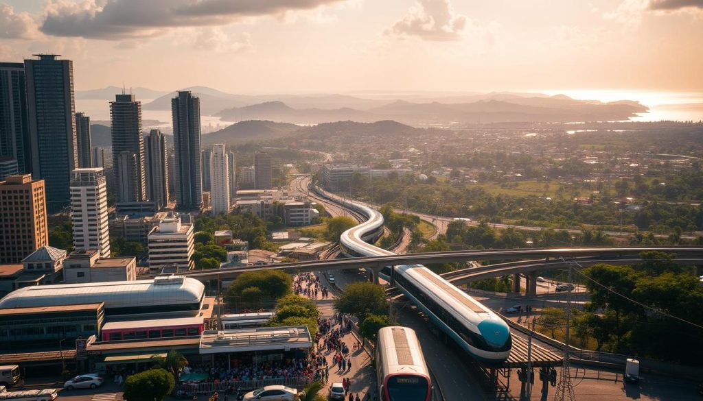A bustling cityscape in Cote d'Ivoire, with towering skyscrapers and modern infrastructure casting long shadows across the landscape. In the foreground, a thriving street market showcases the country's vibrant culture and entrepreneurial spirit. In the middle ground, sleek public transport systems ferry commuters efficiently through the urban center. The background is dominated by rolling hills, lush green forests, and the shimmering waters of the Gulf of Guinea, hinting at the nation's natural wealth and untapped potential. The scene is illuminated by warm, golden light, conveying a sense of optimism and progress for Cote d'Ivoire's future.