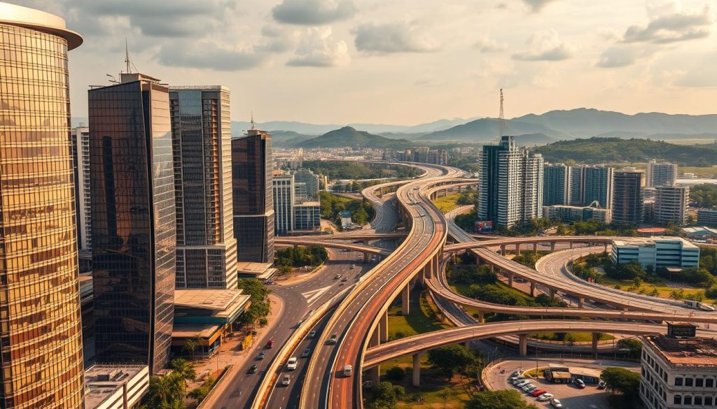 A bustling cityscape of Ivory Coast's economic infrastructure, captured in a cinematic wide-angle lens. In the foreground, modern high-rise buildings and gleaming skyscrapers dominate the skyline, their glass facades reflecting the warm, golden light of the sun. In the middle ground, a network of highways and bridges bustles with traffic, showcasing the efficient transportation systems that facilitate the country's thriving trade and commerce. In the background, lush green hills and valleys provide a serene natural backdrop, highlighting the balance between urban development and the country's rich natural resources. The scene conveys a sense of prosperity, progress, and a vibrant economy that extends beyond the nation's renowned cocoa production.