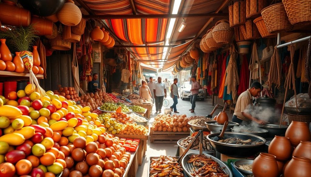 A bustling outdoor market in Equatorial Guinea, sunlight streaming through the stalls. In the foreground, vibrant displays of local produce - bright tropical fruits, freshly caught seafood, handcrafted clay cookware. The middle ground features vendors preparing traditional dishes, fragrant spices and sizzling meats filling the air. In the background, colorful textiles and woven baskets line the stalls, creating a rich, textural scene. Warm, saturated tones capture the lively atmosphere, as shoppers and cooks mingle amidst the lively hustle and bustle. A visually immersive snapshot of Equatorial Guinea's vibrant culinary culture and local specialties.