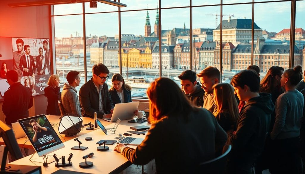 A bustling scene of Danish innovation and entrepreneurship, bathed in warm, natural light. In the foreground, a group of young, dynamic professionals collaborate intently around a sleek, minimalist workstation, their faces lit by the glow of cutting-edge digital displays. In the middle ground, a showcase of innovative products and prototypes, from cutting-edge tech gadgets to sustainable design solutions, all reflecting the country's commitment to creativity and problem-solving. The background reveals the vibrant cityscape of Copenhagen, its iconic architecture and modern, eco-conscious infrastructure serving as a testament to Denmark's progressive approach to urban development and technological advancement. A bustling scene of Danish innovation and entrepreneurship, bathed in warm, natural light. In the foreground, a group of young, dynamic professionals collaborate intently around a sleek, minimalist workstation, their faces lit by the glow of cutting-edge digital displays. In the middle ground, a showcase of innovative products and prototypes, from cutting-edge tech gadgets to sustainable design solutions, all reflecting the country's commitment to creativity and problem-solving. The background reveals the vibrant cityscape of Copenhagen, its iconic architecture and modern, eco-conscious infrastructure serving as a testament to Denmark's progressive approach to urban development and technological advancement.