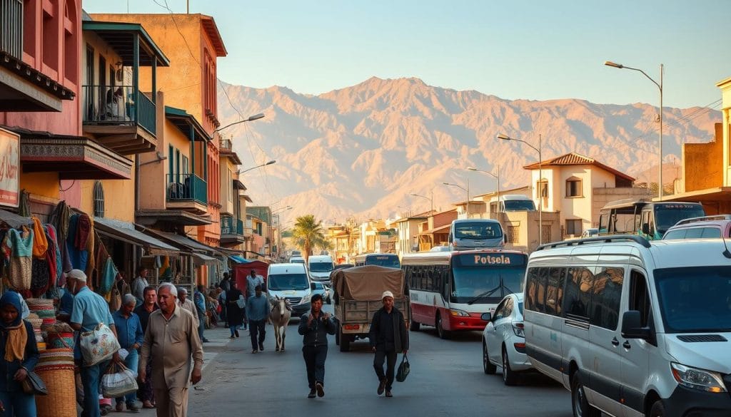 A bustling street in a vibrant Eritrean city, lined with traditional buildings and shops. In the foreground, locals navigate through a colorful open-air market, carrying baskets and haggling. In the middle ground, various modes of transportation come into view - from donkey-drawn carts to modern buses and taxis. In the background, majestic mountains rise, casting warm, golden light over the scene. The atmosphere is lively and inviting, capturing the essence of Eritrean accommodations and transportation. A bustling street in a vibrant Eritrean city, lined with traditional buildings and shops. In the foreground, locals navigate through a colorful open-air market, carrying baskets and haggling. In the middle ground, various modes of transportation come into view - from donkey-drawn carts to modern buses and taxis. In the background, majestic mountains rise, casting warm, golden light over the scene. The atmosphere is lively and inviting, capturing the essence of Eritrean accommodations and transportation.