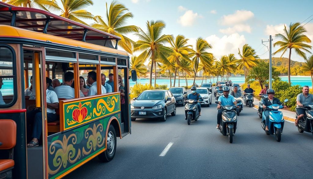 A bustling street in the Cook Islands, with locals and tourists navigating a vibrant scene of traditional buses, taxis, and scooters. In the foreground, a colorful, well-maintained bus with intricate island designs ferries passengers along the coastal route, its interior filled with lively chatter. In the middle ground, a mix of compact cars and electric mopeds weave through the traffic, while in the background, palm trees sway gently, and the turquoise waters of the lagoon glisten under the warm, golden sunlight. The atmosphere is one of relaxed, island-inspired mobility, capturing the essence of getting around the Cook Islands. A bustling street in the Cook Islands, with locals and tourists navigating a vibrant scene of traditional buses, taxis, and scooters. In the foreground, a colorful, well-maintained bus with intricate island designs ferries passengers along the coastal route, its interior filled with lively chatter. In the middle ground, a mix of compact cars and electric mopeds weave through the traffic, while in the background, palm trees sway gently, and the turquoise waters of the lagoon glisten under the warm, golden sunlight. The atmosphere is one of relaxed, island-inspired mobility, capturing the essence of getting around the Cook Islands.