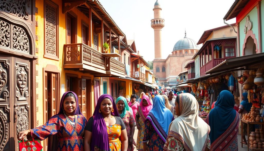 A bustling street scene in Comoros, with vibrant local architecture featuring intricate carved wooden doors and balconies adorned with colorful textiles. In the foreground, a group of women in traditional Comorian dresses, their headscarves and jewelry shimmering in the warm afternoon light. In the middle ground, a lively marketplace filled with stalls selling spices, handcrafted pottery, and other artisanal goods. In the background, a towering mosque with an ornate minaret, its domes and arches reflecting the island's rich Islamic heritage. The overall atmosphere exudes a sense of cultural richness, tradition, and community. A bustling street scene in Comoros, with vibrant local architecture featuring intricate carved wooden doors and balconies adorned with colorful textiles. In the foreground, a group of women in traditional Comorian dresses, their headscarves and jewelry shimmering in the warm afternoon light. In the middle ground, a lively marketplace filled with stalls selling spices, handcrafted pottery, and other artisanal goods. In the background, a towering mosque with an ornate minaret, its domes and arches reflecting the island's rich Islamic heritage. The overall atmosphere exudes a sense of cultural richness, tradition, and community.