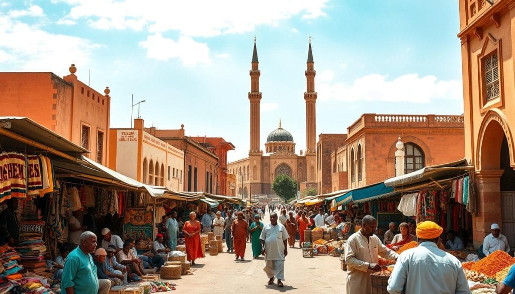 A bustling street scene in Djibouti, the cultural crossroads of Africa. In the foreground, vibrant local markets overflow with colorful textiles, spices, and handicrafts. Vendors in traditional djellabas and thobes engage in lively negotiations with customers. Further back, the towering Grand Mosque stands as a testament to the country's Islamic heritage, its minarets reaching towards the cloudless azure sky. Surrounding the scene, colonial-era buildings in ochre and terracotta hues line the streets, their ornate facades reflecting the city's French and Arab influences. Warm, diffused sunlight bathes the entire composition, creating a sense of timeless, harmonious coexistence between the old and the new. A bustling street scene in Djibouti, the cultural crossroads of Africa. In the foreground, vibrant local markets overflow with colorful textiles, spices, and handicrafts. Vendors in traditional djellabas and thobes engage in lively negotiations with customers. Further back, the towering Grand Mosque stands as a testament to the country's Islamic heritage, its minarets reaching towards the cloudless azure sky. Surrounding the scene, colonial-era buildings in ochre and terracotta hues line the streets, their ornate facades reflecting the city's French and Arab influences. Warm, diffused sunlight bathes the entire composition, creating a sense of timeless, harmonious coexistence between the old and the new.