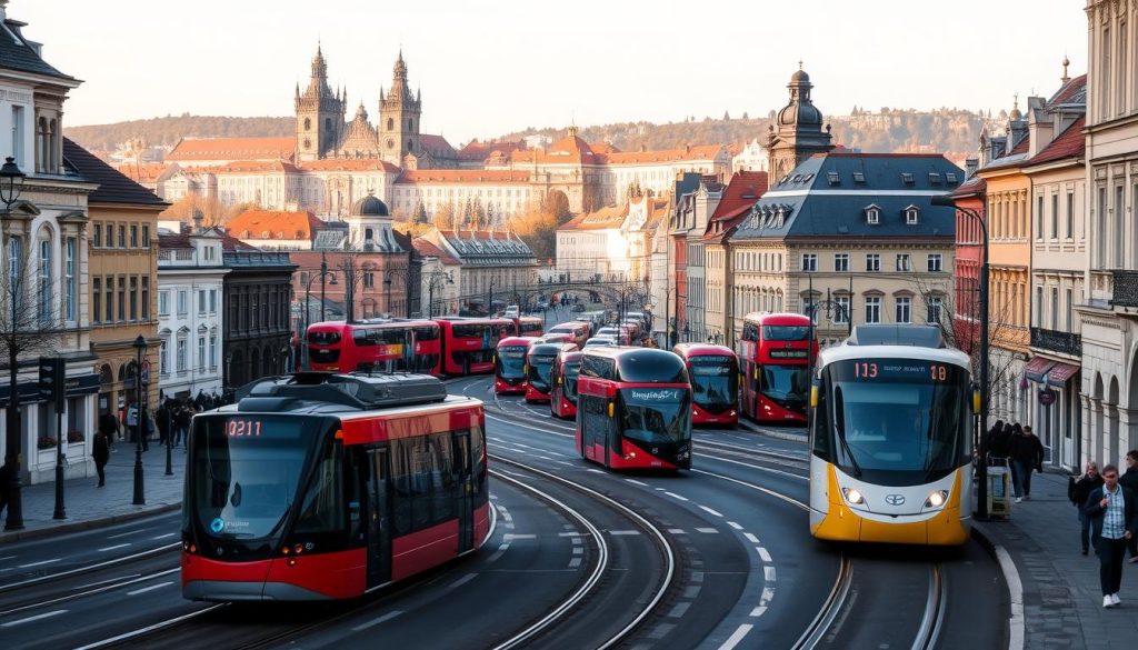 A bustling street scene in the heart of Prague, featuring an array of public transportation options. In the foreground, a tram glides along the tracks, its sleek design and vibrant colors reflecting the city's modern flair. In the middle ground, a fleet of iconic red double-decker buses navigate the winding streets, transporting passengers past the timeless architecture of centuries-old buildings. In the background, the silhouettes of the city's historic landmarks, such as the Prague Castle and the iconic Charles Bridge, create a picturesque backdrop, bathed in the warm glow of the afternoon sun. The scene conveys the seamless integration of Czechia's rich cultural heritage and its efficient, well-developed public transport system, inviting travelers to explore the city with ease.