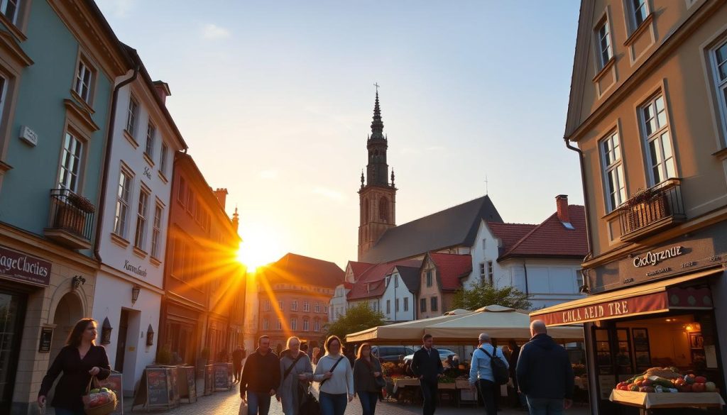 A charming street scene in a quaint Czechian town, bathed in the warm glow of a golden hour sunset. In the foreground, locals stroll past colorful buildings with ornate facades, carrying market baskets overflowing with fresh produce. In the middle ground, a cozy cafe with outdoor seating invites passersby to pause and savor the moment. The background features a historic church spire rising gracefully skyward, its intricate architecture silhouetted against the vibrant evening sky. The overall atmosphere radiates a sense of timeless, budget-friendly adventure, capturing the essence of Czechia beyond the bustling capital of Prague.
