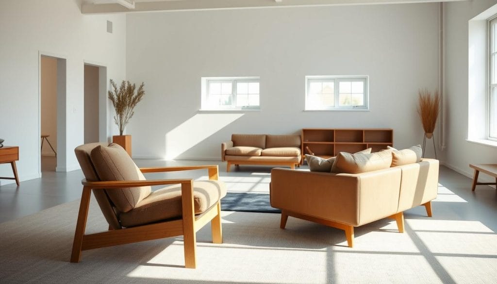 A clean, minimalist Danish design furniture showroom with natural lighting streaming through large windows. In the foreground, a sleek, curved armchair with a solid oak frame and plush upholstery in a muted, earthy tone. In the middle ground, a low-profile, geometric wooden coffee table and a pair of modular sofas in complementary hues. The background features bare white walls, accentuating the inherent beauty of the materials and forms. The overall atmosphere is one of understated elegance, highlighting the functionality and aesthetic appeal of Danish design innovation. A clean, minimalist Danish design furniture showroom with natural lighting streaming through large windows. In the foreground, a sleek, curved armchair with a solid oak frame and plush upholstery in a muted, earthy tone. In the middle ground, a low-profile, geometric wooden coffee table and a pair of modular sofas in complementary hues. The background features bare white walls, accentuating the inherent beauty of the materials and forms. The overall atmosphere is one of understated elegance, highlighting the functionality and aesthetic appeal of Danish design innovation.