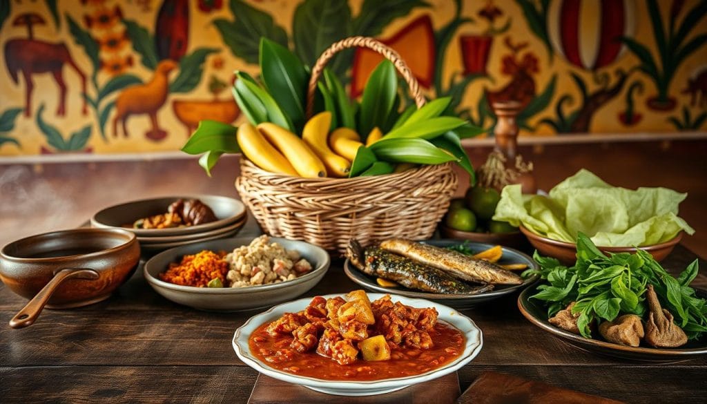 A collection of traditional Congolese dishes artfully arranged on a rustic wooden table. In the foreground, a steaming plate of Moambe, a rich palm oil-based stew, accompanied by Chikwangue, dense cassava bread. Beside it, a platter of Pondu, a leafy green vegetable dish, and Mbisi, a grilled fish delicacy. In the middle, a traditional Congolese woven basket overflows with vibrant Manioc leaves, Plantains, and other local produce. The background features a vibrant mural depicting Congolese cultural motifs, illuminated by warm, natural lighting that casts a cozy, inviting atmosphere. A collection of traditional Congolese dishes artfully arranged on a rustic wooden table. In the foreground, a steaming plate of Moambe, a rich palm oil-based stew, accompanied by Chikwangue, dense cassava bread. Beside it, a platter of Pondu, a leafy green vegetable dish, and Mbisi, a grilled fish delicacy. In the middle, a traditional Congolese woven basket overflows with vibrant Manioc leaves, Plantains, and other local produce. The background features a vibrant mural depicting Congolese cultural motifs, illuminated by warm, natural lighting that casts a cozy, inviting atmosphere.