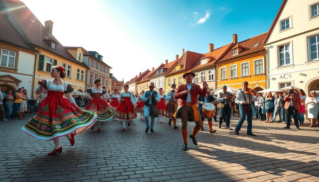 A colorful Czechoslovakian folk traditions festival procession marches through the cobblestone streets of a quaint historic town. In the foreground, a troupe of dancers in ornate traditional costumes twirl and leap, their vibrant garments swirling in the gentle breeze. In the middle ground, a band of musicians plays lively folk melodies on fiddles, drums, and woodwind instruments, leading the parade. In the background, spectators line the streets, watching the captivating spectacle unfold against a backdrop of charming buildings and a clear, azure sky. Warm, golden sunlight filters through, casting a festive glow over the joyous scene. A colorful Czechoslovakian folk traditions festival procession marches through the cobblestone streets of a quaint historic town. In the foreground, a troupe of dancers in ornate traditional costumes twirl and leap, their vibrant garments swirling in the gentle breeze. In the middle ground, a band of musicians plays lively folk melodies on fiddles, drums, and woodwind instruments, leading the parade. In the background, spectators line the streets, watching the captivating spectacle unfold against a backdrop of charming buildings and a clear, azure sky. Warm, golden sunlight filters through, casting a festive glow over the joyous scene.