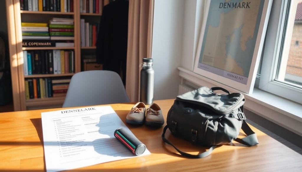 A cozy Copenhagen apartment interior, with a wooden table by the window displaying a neatly organized travel packing list for Denmark. The list includes essential items like warm layers, comfortable walking shoes, a rain jacket, a reusable water bottle, and a small backpack. Soft, natural lighting filters through the window, casting a warm glow on the scene. In the background, a bookshelf filled with travel guides and a framed map of Denmark adds to the sense of preparation and anticipation for the upcoming journey. A cozy Copenhagen apartment interior, with a wooden table by the window displaying a neatly organized travel packing list for Denmark. The list includes essential items like warm layers, comfortable walking shoes, a rain jacket, a reusable water bottle, and a small backpack. Soft, natural lighting filters through the window, casting a warm glow on the scene. In the background, a bookshelf filled with travel guides and a framed map of Denmark adds to the sense of preparation and anticipation for the upcoming journey.