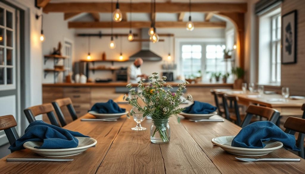 A cozy Nordic dining scene with a rustic, minimalist aesthetic. In the foreground, a wooden table is set with handcrafted ceramic plates, deep blue linen napkins, and a simple centerpiece of fresh wildflowers. The middle ground features an open kitchen where chefs meticulously prepare seasonal dishes using locally sourced ingredients. In the background, warm lighting from pendant fixtures and large windows create a soft, inviting glow, while whitewashed wooden walls and exposed beams lend an authentic Scandinavian charm. The overall atmosphere evokes a sense of simple elegance, where the focus is on high-quality, expertly prepared Nordic cuisine. A cozy Nordic dining scene with a rustic, minimalist aesthetic. In the foreground, a wooden table is set with handcrafted ceramic plates, deep blue linen napkins, and a simple centerpiece of fresh wildflowers. The middle ground features an open kitchen where chefs meticulously prepare seasonal dishes using locally sourced ingredients. In the background, warm lighting from pendant fixtures and large windows create a soft, inviting glow, while whitewashed wooden walls and exposed beams lend an authentic Scandinavian charm. The overall atmosphere evokes a sense of simple elegance, where the focus is on high-quality, expertly prepared Nordic cuisine.
