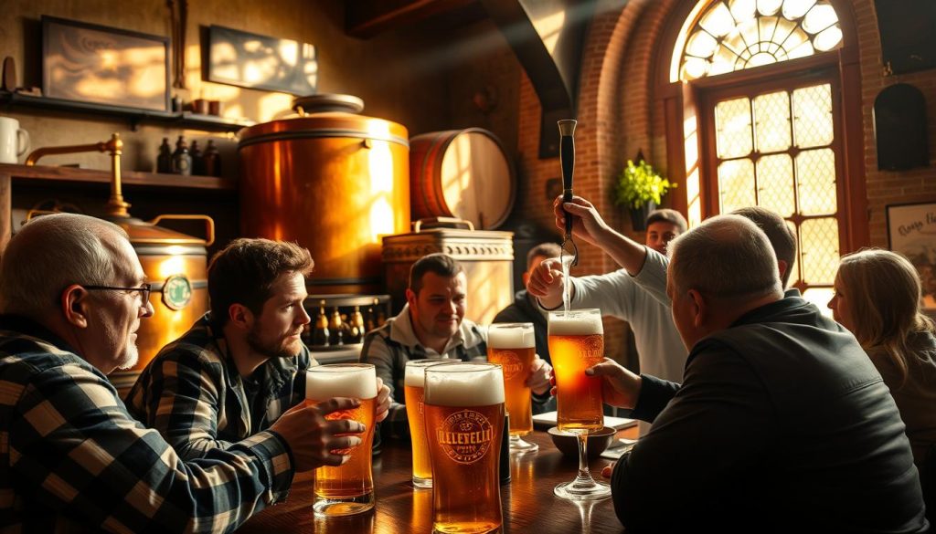 A cozy traditional Czech pub, warmly lit with copper kettles and wooden barrels in the background. In the foreground, a group of friends gathered around a table, enjoying frothy golden lagers, deep in conversation. The bartender expertly pours a fresh draft, the foam cascading into a awaiting glass. The air is thick with the aroma of roasted hops and caramelized malt. Dappled sunlight streams through leaded windows, casting a soft glow over the scene. The mood is convivial, a celebration of the centuries-old Czech beer culture, a shared experience of community and tradition.