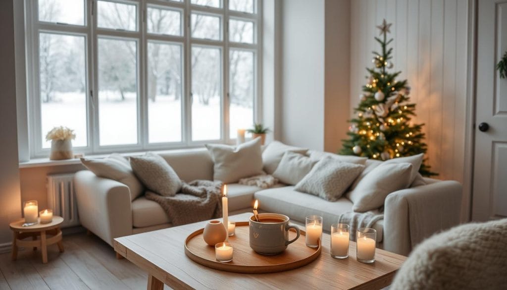 A cozy, well-lit living room in a Danish home, with pale wooden floors, white walls, and large windows overlooking a snowy landscape. A plush, neutral-toned sofa is adorned with soft, textured pillows, and a knitted throw blanket. On a low coffee table, there is a steaming mug of hot tea, surrounded by candles in simple glass holders, casting a warm, flickering glow. In the corner, a tall, minimalist Christmas tree is decorated with twinkling lights and simple, natural ornaments. The overall atmosphere is one of tranquility, comfort, and hygge - the quintessential Danish concept of coziness and contentment. A cozy, well-lit living room in a Danish home, with pale wooden floors, white walls, and large windows overlooking a snowy landscape. A plush, neutral-toned sofa is adorned with soft, textured pillows, and a knitted throw blanket. On a low coffee table, there is a steaming mug of hot tea, surrounded by candles in simple glass holders, casting a warm, flickering glow. In the corner, a tall, minimalist Christmas tree is decorated with twinkling lights and simple, natural ornaments. The overall atmosphere is one of tranquility, comfort, and hygge - the quintessential Danish concept of coziness and contentment.