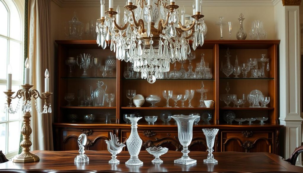 A crystal chandelier hangs gracefully, its intricate facets catching and refracting the soft, warm light from nearby candelabras. Delicate crystal figurines and vases adorn a carved, oak table, their surfaces shimmering with an otherworldly brilliance. In the background, shelves display an array of intricately designed Bohemian glassware, each piece a testament to the skilled craftsmanship of the region. The scene is one of elegance and refinement, evoking the timeless beauty and tradition of Czechoslovakian crystal arts. A crystal chandelier hangs gracefully, its intricate facets catching and refracting the soft, warm light from nearby candelabras. Delicate crystal figurines and vases adorn a carved, oak table, their surfaces shimmering with an otherworldly brilliance. In the background, shelves display an array of intricately designed Bohemian glassware, each piece a testament to the skilled craftsmanship of the region. The scene is one of elegance and refinement, evoking the timeless beauty and tradition of Czechoslovakian crystal arts.