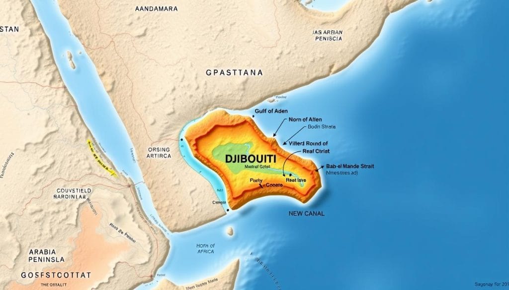 A detailed cartographic representation of the strategic location of Djibouti, showcasing its position at the intersection of major shipping routes and its proximity to vital geographical landmarks. The image should depict Djibouti's coastal region and the surrounding waters of the Gulf of Aden and the Red Sea, rendered with vivid colors and precise topographical features. Emphasize Djibouti's location at the narrowest point of the Bab-el-Mandeb Strait, a crucial chokepoint for global maritime trade. Illustrate the country's proximity to the Horn of Africa, the Arabian Peninsula, and the Suez Canal, highlighting its geostrategic significance. The map should be presented with a neutral, informative tone, using a clean, uncluttered design to clearly convey Djibouti's strategic location. A detailed cartographic representation of the strategic location of Djibouti, showcasing its position at the intersection of major shipping routes and its proximity to vital geographical landmarks. The image should depict Djibouti's coastal region and the surrounding waters of the Gulf of Aden and the Red Sea, rendered with vivid colors and precise topographical features. Emphasize Djibouti's location at the narrowest point of the Bab-el-Mandeb Strait, a crucial chokepoint for global maritime trade. Illustrate the country's proximity to the Horn of Africa, the Arabian Peninsula, and the Suez Canal, highlighting its geostrategic significance. The map should be presented with a neutral, informative tone, using a clean, uncluttered design to clearly convey Djibouti's strategic location.