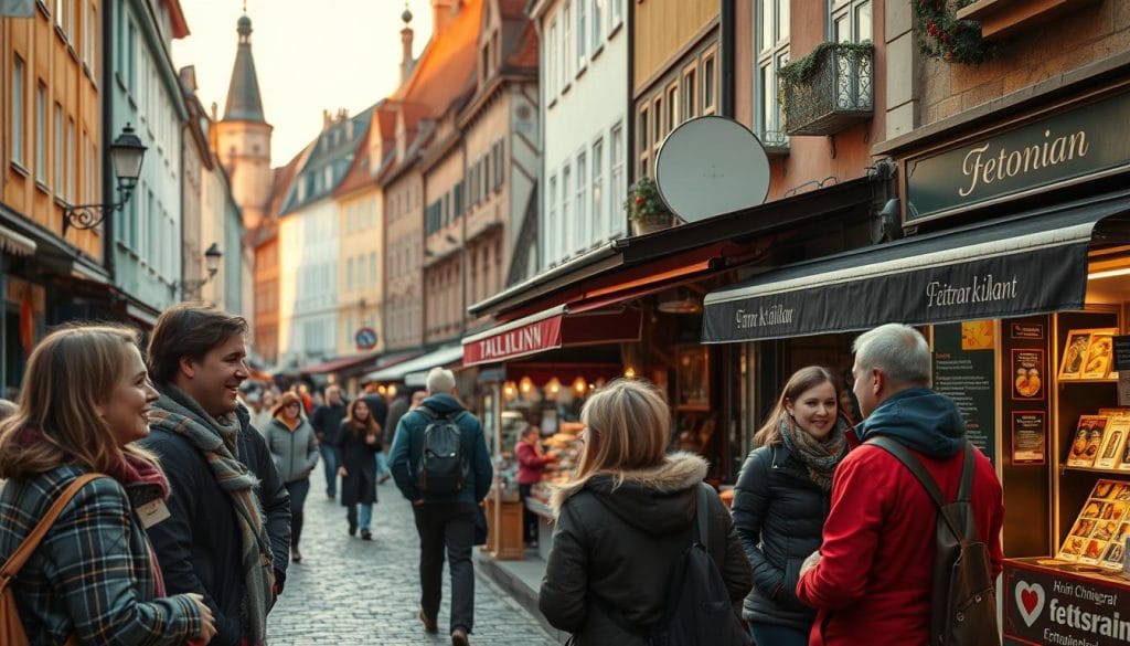 A detailed street scene in Tallinn, Estonia, showcasing the unique linguistic and cultural aspects of the country. In the foreground, a group of locals engaged in lively conversation, their body language and facial expressions conveying the warmth and expressiveness of the Estonian language. In the middle ground, a vibrant marketplace with vendors offering traditional Estonian goods, menus, and signage in both Estonian and English. In the background, the iconic medieval architecture of Tallinn's Old Town, bathed in warm, golden-hour lighting, creating a picturesque and inviting atmosphere for visitors to explore and immerse themselves in the local culture and communication.