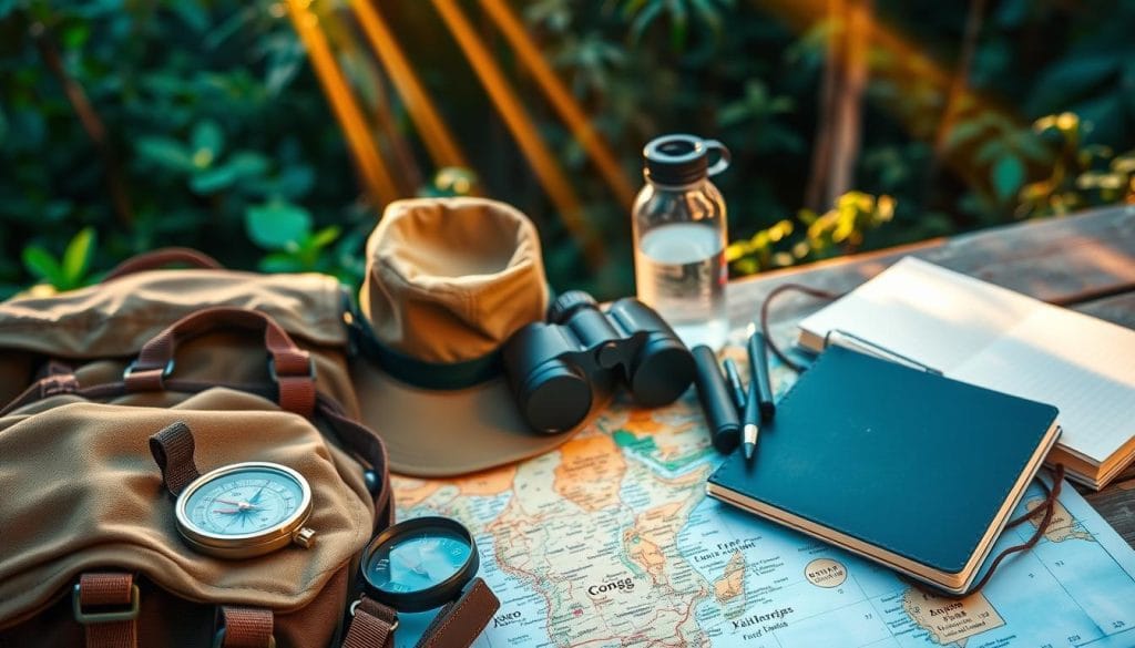 A detailed travel guide for the Democratic Republic of the Congo, showcasing the essential items and gear for an adventurous journey. In the foreground, a rugged backpack, compass, and safari hat lay atop a map of the diverse landscape. In the middle ground, a pair of binoculars, a water bottle, and a field notebook symbolize the need for exploration and documentation. The background depicts a lush, verdant jungle backdrop, with rays of warm, golden sunlight filtering through the canopy, creating a sense of exploration and discovery. The overall mood is one of excitement and preparedness, inviting the viewer to embark on an unforgettable adventure in the heart of Africa. A detailed travel guide for the Democratic Republic of the Congo, showcasing the essential items and gear for an adventurous journey. In the foreground, a rugged backpack, compass, and safari hat lay atop a map of the diverse landscape. In the middle ground, a pair of binoculars, a water bottle, and a field notebook symbolize the need for exploration and documentation. The background depicts a lush, verdant jungle backdrop, with rays of warm, golden sunlight filtering through the canopy, creating a sense of exploration and discovery. The overall mood is one of excitement and preparedness, inviting the viewer to embark on an unforgettable adventure in the heart of Africa.