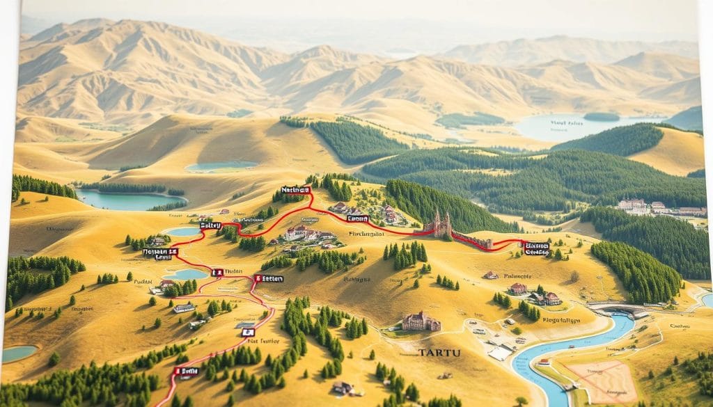 A detailed travel map of Estonia, showcasing the key destinations along the route from Tallinn to Tartu. In the foreground, a vibrant color-coded route winds through rolling hills, dotted with iconic medieval towns, pristine lakes, and lush forests. The middle ground features various points of interest, such as historic castles, scenic viewpoints, and cultural landmarks, each represented by unique map icons. In the background, a subtle topographical relief highlights the varied terrain, from the rugged coastline to the gently undulating central plateau. The map is bathed in warm, natural lighting, creating a sense of inviting exploration and adventure. The overall composition emphasizes the diversity and richness of Estonia's travel experiences, guiding the viewer through this captivating journey.