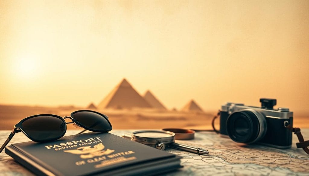 A detailed travel planning checklist for an adventurous journey through the timeless wonders of Egypt. In the foreground, a meticulously organized collection of essential items - a passport, sunglasses, a compass, a map, and a camera. In the middle ground, subtle silhouettes of iconic Egyptian landmarks, such as the Great Pyramids of Giza, against a warm, golden-hued sky. The background features a muted, weathered texture, evoking the ancient history and rich cultural heritage of this captivating destination. The overall scene exudes a sense of anticipation and preparation, perfectly encapsulating the excitement of planning an unforgettable Egyptian adventure.