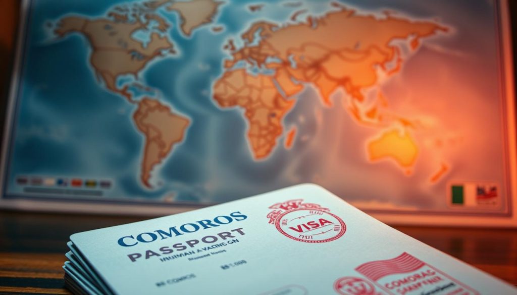 A detailed travel visa guide for visiting the picturesque Comoros islands. In the foreground, a stack of passport pages with visa stamps, highlighting the essential paperwork required. In the middle ground, a world map with the Comoros archipelago prominently featured, emphasizing the unique geographic location. The background features a soft, ethereal glow, conveying the tranquil and dreamlike atmosphere of these Indian Ocean paradise islands. The lighting is warm and inviting, with a slight vintage tone to evoke the exploratory nature of travel. The overall mood is informative yet aspirational, drawing the viewer into the allure of discovering the Comoros. A detailed travel visa guide for visiting the picturesque Comoros islands. In the foreground, a stack of passport pages with visa stamps, highlighting the essential paperwork required. In the middle ground, a world map with the Comoros archipelago prominently featured, emphasizing the unique geographic location. The background features a soft, ethereal glow, conveying the tranquil and dreamlike atmosphere of these Indian Ocean paradise islands. The lighting is warm and inviting, with a slight vintage tone to evoke the exploratory nature of travel. The overall mood is informative yet aspirational, drawing the viewer into the allure of discovering the Comoros.