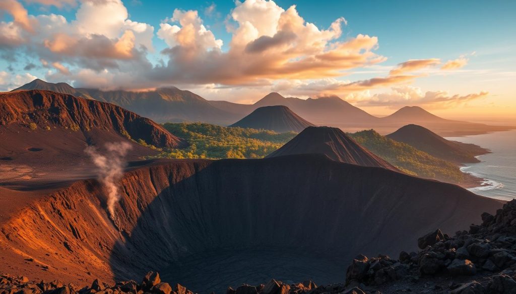 A dramatic volcanic landscape in Comoros, with towering, rugged peaks rising up from the azure waters of the Indian Ocean. In the foreground, a steaming, ashen caldera dominates the scene, its slopes scarred by lava flows and dotted with jagged, obsidian-black boulders. The middle ground features a lush, verdant forest, its canopy of vibrant green foliage contrasting with the stark volcanic features. In the distance, a series of imposing, cone-shaped volcanoes soar skyward, their flanks shrouded in wispy clouds that catch the warm, golden light of the setting sun, casting a warm, atmospheric glow over the entire landscape. A sense of ancient, untamed power and natural wonder pervades the scene. A dramatic volcanic landscape in Comoros, with towering, rugged peaks rising up from the azure waters of the Indian Ocean. In the foreground, a steaming, ashen caldera dominates the scene, its slopes scarred by lava flows and dotted with jagged, obsidian-black boulders. The middle ground features a lush, verdant forest, its canopy of vibrant green foliage contrasting with the stark volcanic features. In the distance, a series of imposing, cone-shaped volcanoes soar skyward, their flanks shrouded in wispy clouds that catch the warm, golden light of the setting sun, casting a warm, atmospheric glow over the entire landscape. A sense of ancient, untamed power and natural wonder pervades the scene.
