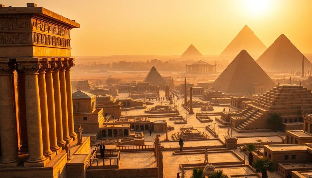 A grand ensemble of majestic Egyptian temples and tombs, bathed in warm, golden light from the rising sun. In the foreground, the ornate, columned facade of a temple stands tall, its hieroglyphic-covered walls and carved statues casting long shadows. The middle ground reveals the stepped pyramids and obelisks of a sprawling necropolis, surrounded by smaller shrines and monuments. In the distance, the towering silhouettes of the Great Pyramids of Giza punctuate the hazy horizon, evoking the grandeur and mystery of this ancient civilization. The air is thick with a sense of reverence and wonder, inviting the viewer to step back in time and witness the enduring legacy of Egypt's religious practices.