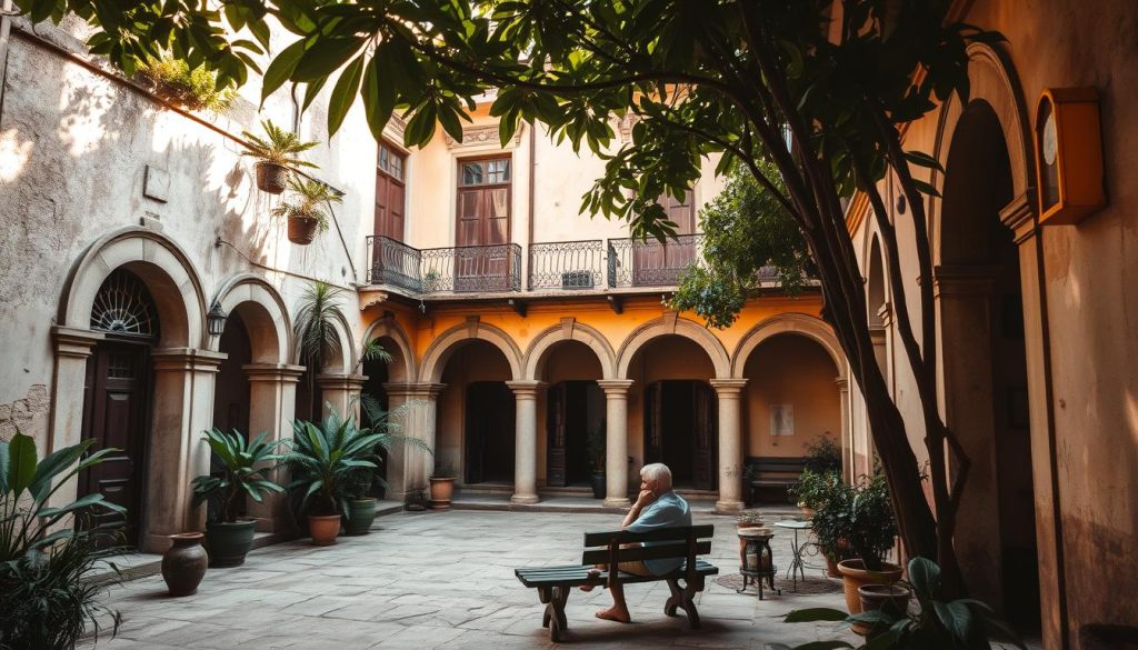 A hidden courtyard in old Havana, Cuba, bathed in warm afternoon light. Lush tropical foliage frames the weathered colonial architecture, with intricate stone archways and ornate iron balconies. A lone local sits on a bench, lost in quiet contemplation, as the soft sounds of music and distant conversations drift through the air. The scene exudes a sense of timeless tranquility, hinting at the enchanting, off-the-beaten-path experiences that await the curious traveler in this captivating island nation.
