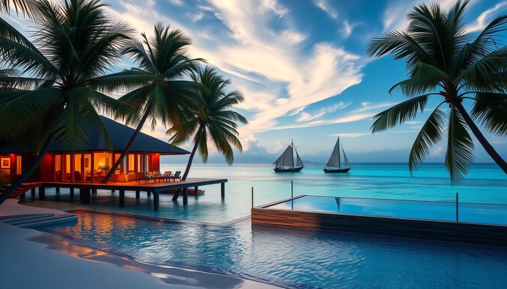 A lavish overwater villa nestled in a secluded cove, its azure waters lapping at the wooden stilts. Swaying palm trees cast dappled shadows on the pristine white sand beach. In the distance, a traditional dhow sails across the horizon, its billowing sails catching the gentle breeze. The villa's infinity pool reflects the vibrant hues of the sky, as wisps of cirrus clouds drift overhead. Warm, ambient lighting illuminates the outdoor terrace, where guests sip local rum cocktails and savor the flavors of Comorian cuisine. A sense of tranquility and exclusivity pervades the scene, inviting visitors to immerse themselves in the serene luxury of Comoros. A lavish overwater villa nestled in a secluded cove, its azure waters lapping at the wooden stilts. Swaying palm trees cast dappled shadows on the pristine white sand beach. In the distance, a traditional dhow sails across the horizon, its billowing sails catching the gentle breeze. The villa's infinity pool reflects the vibrant hues of the sky, as wisps of cirrus clouds drift overhead. Warm, ambient lighting illuminates the outdoor terrace, where guests sip local rum cocktails and savor the flavors of Comorian cuisine. A sense of tranquility and exclusivity pervades the scene, inviting visitors to immerse themselves in the serene luxury of Comoros.