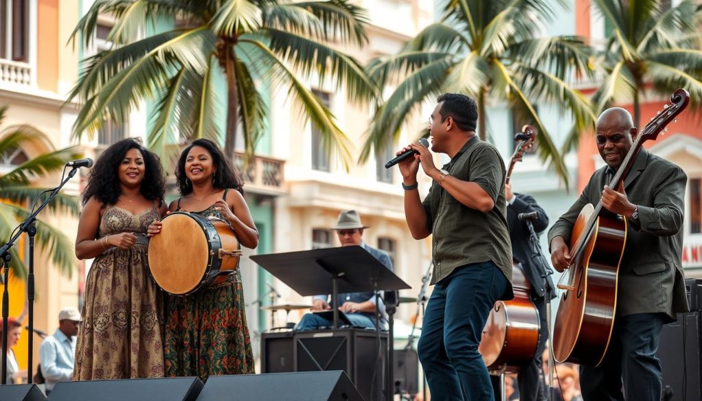 A lively ensemble of Cuban musicians perform on a stage in the heart of Havana, Cuba. In the foreground, a trio of vocalists sway rhythmically, their rich harmonies filling the air. Behind them, a percussionist expertly plays a traditional Cuban drum, the beat pulsing with infectious energy. In the middle ground, a pianist and bassist provide a smooth, syncopated accompaniment, their fingers dancing across the keys and strings. The background is a vibrant scene of colorful colonial architecture, with palm trees swaying in the warm breeze. Soft, natural lighting illuminates the performance, capturing the passion and spirit of Cuban music.