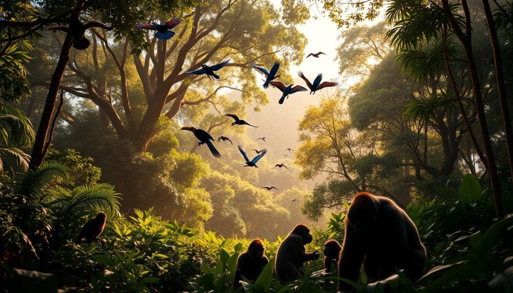 A lush, biodiverse scene in the heart of the Congo rainforest. In the foreground, a family of western lowland gorillas forages peacefully among the dense undergrowth, their powerful frames silhouetted against the dappled sunlight. In the middle ground, a kaleidoscope of colorful birds – toucans, parrots, and hornbills – take flight, their vibrant plumage capturing the eye. The background is a tapestry of towering trees, their canopies forming a verdant, cathedral-like ceiling that filters the warm, golden light. The overall atmosphere is one of tranquility and wonder, capturing the essence of the Congo's unparalleled natural splendor. A lush, biodiverse scene in the heart of the Congo rainforest. In the foreground, a family of western lowland gorillas forages peacefully among the dense undergrowth, their powerful frames silhouetted against the dappled sunlight. In the middle ground, a kaleidoscope of colorful birds – toucans, parrots, and hornbills – take flight, their vibrant plumage capturing the eye. The background is a tapestry of towering trees, their canopies forming a verdant, cathedral-like ceiling that filters the warm, golden light. The overall atmosphere is one of tranquility and wonder, capturing the essence of the Congo's unparalleled natural splendor.