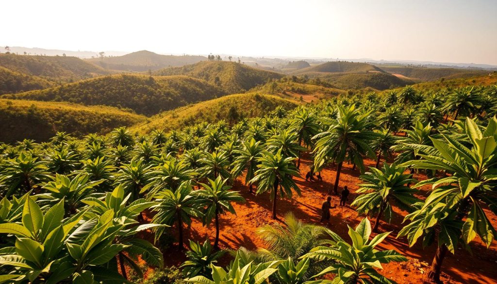 A lush, expansive cocoa plantation stretches across the rolling hills of Côte d'Ivoire. Verdant cocoa trees sway gently in the breeze, their broad leaves casting dappled shadows on the rich, reddish-brown soil beneath. In the distance, workers carefully tend to the ripening pods, their vibrant orange hues a testament to the region's exceptional cocoa. The scene is bathed in warm, golden sunlight, creating a serene and picturesque atmosphere that captures the essence of this West African nation's renowned cocoa industry. A wide-angle lens captures the scale and grandeur of this vital agricultural landscape.