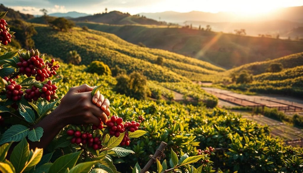 A lush, rolling landscape of El Salvador's coffee plantations, bathed in the warm glow of the morning sun. Vibrant green arabica bushes stretch out as far as the eye can see, their ripe red berries glistening with dew. In the foreground, a weathered farmer carefully picks the precious beans, his calloused hands a testament to the dedication and tradition of this ancient craft. The middle ground reveals rows of drying racks, where the freshly harvested coffee is laid out to be meticulously processed. In the distance, the silhouettes of the Andes mountains provide a dramatic backdrop, hinting at the rich volcanic soil that nourishes these celebrated coffee beans. The scene evokes a sense of timeless tranquility, a visual celebration of El Salvador's enduring coffee legacy.