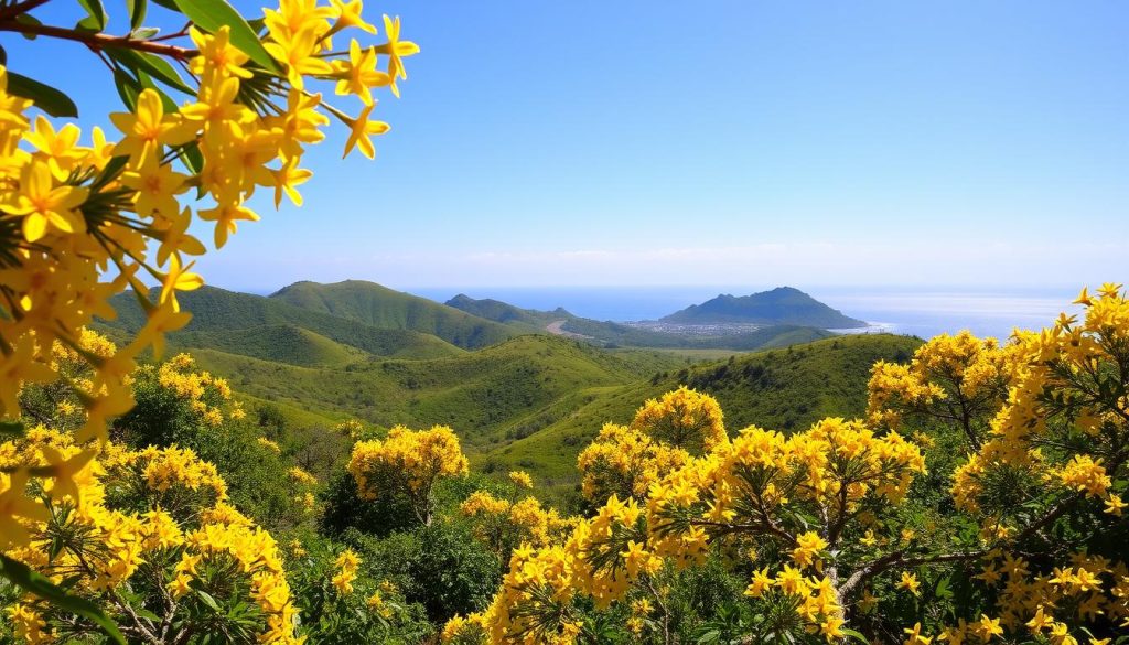 A lush, rolling landscape of vibrant yellow ylang-ylang flowers, their delicate petals swaying gently in the soft breeze. In the foreground, the flowers bloom in dense clusters, their captivating aroma filling the air. The middle ground reveals undulating hills, their verdant slopes dotted with the iconic ylang-ylang trees, their branches reaching towards the clear, azure sky. In the distance, the outline of the rugged Comoros coastline can be seen, the crystal-clear waters of the Indian Ocean glistening in the warm, golden sunlight. The scene conveys a serene, tranquil atmosphere, highlighting the unique agricultural heritage and economic specialties of this tropical island nation. A lush, rolling landscape of vibrant yellow ylang-ylang flowers, their delicate petals swaying gently in the soft breeze. In the foreground, the flowers bloom in dense clusters, their captivating aroma filling the air. The middle ground reveals undulating hills, their verdant slopes dotted with the iconic ylang-ylang trees, their branches reaching towards the clear, azure sky. In the distance, the outline of the rugged Comoros coastline can be seen, the crystal-clear waters of the Indian Ocean glistening in the warm, golden sunlight. The scene conveys a serene, tranquil atmosphere, highlighting the unique agricultural heritage and economic specialties of this tropical island nation.